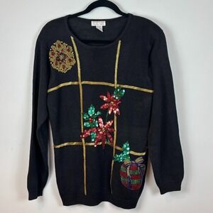 Vintage Lindsey Blake Womens Black Sequin‎ Christmas Ugly Sweater 90's Sz MED